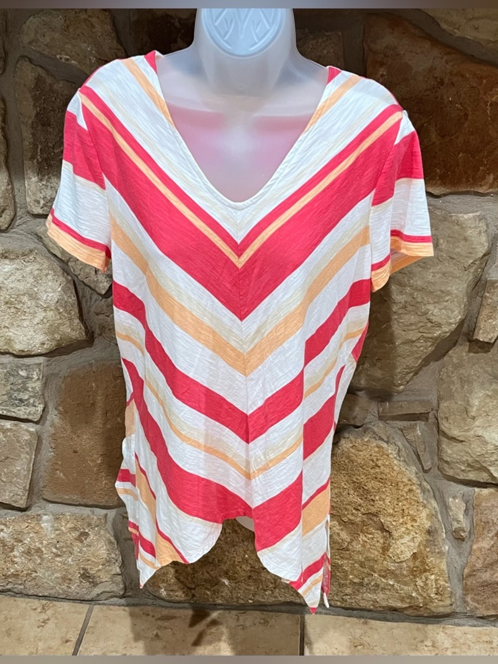 Fresh Chico’s Blouse Women Medium (8) Diagonal Stripes Beachy Vacay Unique Hem